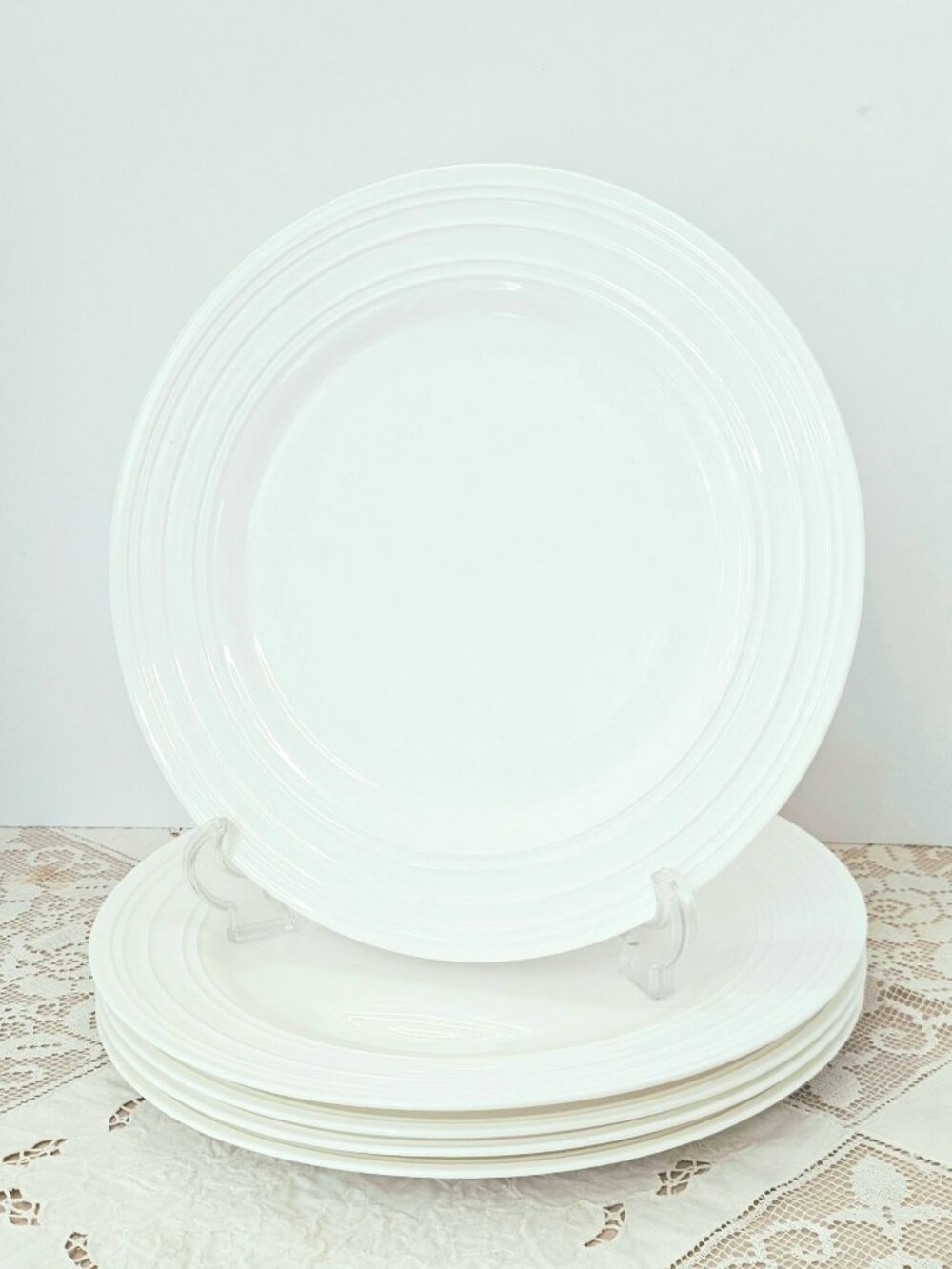 5 Mikasa Swirl Dinner Plates 11.2" White Bone China Ribbed Dishware